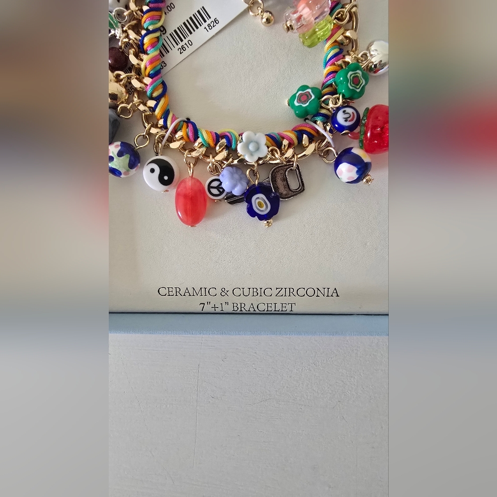 Atterri Multicolor Charm Bracelet Ceramic & CZ Rainbow Boho Statement 7+1 NWT - Picture 5 of 5
